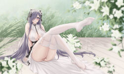 Rule 34 | 1girl, absurdres, alternate costume, animal ears, ass, august von parseval (azur lane), august von parseval (the conquered unhulde) (azur lane), azur lane, bare shoulders, blush, breasts, center opening, cleavage, clothes lift, clothes pull, clothing cutout, curled horns, dress, feet, flower, garter straps, hair over one eye, headdress, headwear request, highres, horns, ichikushi mojibake, large breasts, leg up, lingerie, long hair, looking at viewer, maid, mechanical horns, no bra, no panties, no shoes, official alternate costume, one eye covered, purple eyes, purple hair, pussy, sitting, skirt, skirt lift, skirt pull, sleeveless, sleeveless dress, soles, solo, thighhighs, thighs, toes, two-tone dress, underwear, very long hair, white dress, white thighhighs