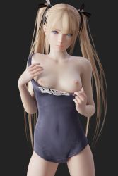 Rule 34 | 1girl, 3d, bare shoulders, black ribbon, blender (medium), blonde hair, blue eyes, breasts, character name, clothes pull, collarbone, commentary, dead or alive, dead or alive 5, grey background, hair ribbon, highres, kaiser frey, long hair, looking at viewer, marie rose, nail polish, nipples, one-piece swimsuit, one-piece swimsuit pull, pink nails, ribbon, school swimsuit, simple background, solo, swimsuit, twintails, upper body