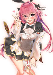 Rule 34 | 1girl, astolfo (fate), astolfo (saber) (fate), astolfo (saber) (third ascension) (fate), between legs, black bow, black bowtie, black dress, black ribbon, blush, bow, bowtie, breasts, buttons, dress, fang, fate/grand order, fate (series), genderswap, genderswap (mtf), hair between eyes, hair bow, hair intakes, hair ribbon, heart, highres, juliet sleeves, kawai (purplrpouni), layered skirt, leaning forward, long hair, long sleeves, looking at viewer, low twintails, medium breasts, multicolored hair, open mouth, pink hair, puffy sleeves, purple eyes, ribbon, sheath, simple background, skirt, smile, solo, streaked hair, sword, thighs, twintails, v, weapon, white background, white hair, white skirt, wide sleeves, wing collar