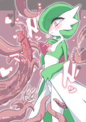 Rule 34 | 1girl, blush, bob cut, breath, closed mouth, colored skin, creatures (company), female focus, flat chest, from side, game freak, gardevoir, gen 3 pokemon, green hair, green skin, hand on own chest, hand up, heart, highres, imminent penetration, japanese text, looking down, m3 (gardevoir m3), multicolored skin, nervous, nintendo, nose blush, outline, pokemon, pokemon (creature), profile, pussy juice, red background, red eyes, short hair, sideways mouth, solo, standing, tears, tentacles, thighs, translation request, two-tone skin, white outline, white skin
