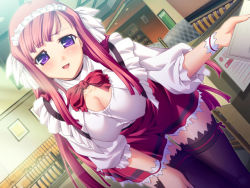 Rule 34 | 1girl, black thighhighs, blunt bangs, blush, breasts, cleavage, dutch angle, female focus, game cg, hikage eiji, holding, indoors, kanzaki sayaka, large breasts, leaning forward, liquid (company), long hair, looking at viewer, open mouth, purple eyes, red hair, ryoujoku famiresu tyoukyou menu, solo, thighhighs, waitress