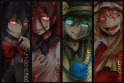 Rule 34 | 4girls, :d, :q, black hair, blonde hair, blue eyes, bow, column lineup, dream2014, english text, fang, fang out, flandre scarlet, glowing, glowing eyes, green hair, grin, hat, houjuu nue, kijin seija, komeiji koishi, multicolored hair, multiple girls, odd one out, open mouth, pointy ears, red eyes, red hair, sharp teeth, short hair, smile, streaked hair, teeth, third eye, tongue, tongue out, touhou