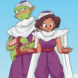 Rule 34 | 1boy, 1girl, afro, age difference, alien, biceps, black hair, blush, brown hair, colored skin, cosplay, dark-skinned female, dark skin, dougi, dragon ball, dragon ball super, dragon ball super super hero, embarrassed, green skin, hands on shoulders, hetero, highres, hug, janet (dragon ball), muscular, nail polish, piccolo, piccolo (cosplay), pink mousse, pointing, pointy ears, simple background, size difference, smile, sweat, turban