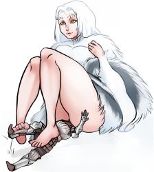 Rule 34 | 1girl, armor, barefoot, dark souls (series), dark souls i, feet, priscilla the crossbreed, scathegrapes, sitting, sitting on face, sitting on person, size difference, thick thighs, thighs, white hair, yellow eyes