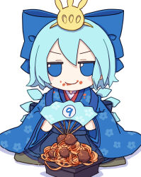 Rule 34 | 1girl, absurdres, blue bow, blue eyes, blue hair, blue kimono, bow, cirno, detached wings, fairy, folding fan, food, food on clothes, food on face, hair bow, hand fan, highres, ice, ice wings, japanese clothes, kame (kamepan44231), kimono, long sleeves, pasta, short hair, solo, touhou, wide sleeves, wings
