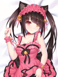 Rule 34 | 1girl, animal ears, bare shoulders, bell, black bow, black hair, bow, breasts, brown collar, cangqiong zhihen, cat ears, collar, collarbone, commentary request, date a live, dress, hair ornament, headdress, long hair, looking at viewer, lying, medium breasts, on back, pink dress, pink headwear, red eyes, sleeveless, sleeveless dress, smile, solo, tokisaki kurumi, twintails, upper body, yellow eyes