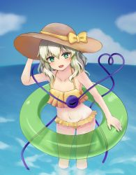Rule 34 | 1girl, :d, arm up, bare shoulders, bikini, blush, bow, breasts, cloud, collarbone, commentary, day, eyeball, eyebrows hidden by hair, frilled bikini, frills, green eyes, groin, hair between eyes, hand on headwear, hat, hat ribbon, heart, heart of string, innertube, komeiji koishi, light green hair, looking at viewer, medium hair, navel, open mouth, outdoors, ribbon, small breasts, smile, solo, standing, sun hat, swim ring, swimsuit, third eye, touhou, wading, wavy hair, yellow bikini, yellow hat, yellow ribbon, ys kosato