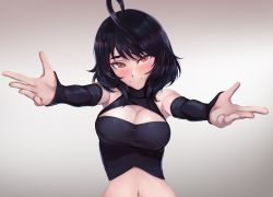 Rule 34 | 1girl, absurdres, ahoge, armpit peek, black hair, blush, breasts, caiman pool, cait (caiman-pool), cleavage, cleavage cutout, clothing cutout, commentary, detached sleeves, english commentary, eyebrows hidden by hair, gradient background, highres, large breasts, looking at viewer, medium hair, meme, my little pogchamp (meme), navel, open hands, orange eyes, original, outstretched arms, smile, solo