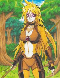 Rule 34 | 1girl, 2020, animal ears, animal print, black hair, blonde hair, blue sky, breasts, bush, cheetara, claws, cleavage, closed mouth, cloud, collarbone, crop top, facing viewer, fingerless gloves, forest, gloves, grass, hair between eyes, happy, highres, holding, holding staff, holding weapon, large breasts, logo, long hair, looking at viewer, midriff, multicolored hair, nature, navel, outdoors, pink eyes, pointy ears, ravernclouk design, shorts, sky, smile, solo, staff, standing, thundercats, tree, weapon, wristband
