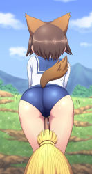 Rule 34 | 1girl, animal ears, ass, broom, broom riding, brown hair, dog ears, dog tail, flying, from behind, gunshou, highres, miyafuji yoshika, pussy juice, short hair, solo, strike witches, swimsuit, swimsuit under clothes, tail, world witches series
