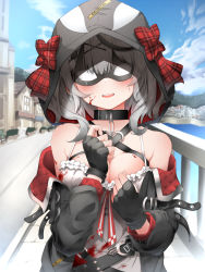Rule 34 | 1girl, absurdres, bare shoulders, black collar, black gloves, black hair, black jacket, blood, blood on breasts, blood on clothes, blood on face, blush, bow, breasts, collar, commentary request, day, eye mask, facing viewer, fingerless gloves, gloves, hair ornament, hands up, highres, hololive, hood, hood up, jacket, large breasts, long sleeves, medium hair, multicolored hair, off shoulder, open clothes, open jacket, outdoors, parted lips, pepushi drow, plaid, plaid bow, red bow, sakamata chloe, shirt, silver hair, smile, solo, streaked hair, teeth, upper body, upper teeth only, virtual youtuber, white shirt, x hair ornament
