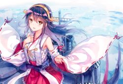 Rule 34 | 10s, 1girl, black hair, cowboy shot, detached sleeves, hair ornament, hairband, hairclip, hand on own chest, haruna (kancolle), headgear, hiten (hitenkei), japanese clothes, kantai collection, long hair, machinery, nontraditional miko, revision, ribbon-trimmed sleeves, ribbon trim, solo