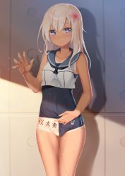 Rule 34 | 10s, 1girl, bad id, bad pixiv id, black neckerchief, blonde hair, blouse, blue eyes, blue one-piece swimsuit, blush, body writing, character name, chinese text, clothing aside, collarbone, cowboy shot, embarrassed, female focus, flower, hair between eyes, hair flower, hair ornament, highres, kantai collection, legs together, long hair, looking at viewer, neckerchief, one-piece swimsuit, one-piece tan, parted bangs, partially visible vulva, pulled by self, ro-500 (kancolle), school swimsuit, shirt, simplified chinese text, sleeveless, sleeveless shirt, smile, solo, standing, swimsuit, swimsuit aside, swimsuit under clothes, tan, tanline, thigh gap, thighs, translation request, water, wedgie, wet, white shirt, zi se