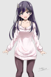 Rule 34 | 1girl, alternate costume, black hair, black pantyhose, blush, breasts, collarbone, cowboy shot, dated, dress, gakky, gradient background, grey background, headgear, highres, i-400 (kancolle), kantai collection, long hair, looking at viewer, medium breasts, open mouth, pantyhose, purple eyes, ribbed dress, short dress, signature, smile, solo