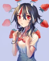 Rule 34 | 1girl, alternate costume, alternate hairstyle, bad id, bad twitter id, black hair, blue background, blush, commentary request, food, fruit, grey skirt, hair between eyes, horns, kijin seija, korean commentary, looking at viewer, low twintails, misha (hoongju), multicolored hair, neck ribbon, parted lips, pocket, red eyes, red hair, red ribbon, ribbon, shirt, short sleeves, simple background, skirt, solo, strawberry, streaked hair, suspender skirt, suspenders, touhou, twintails, upper body, white hair, white shirt, wing collar
