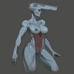 Rule 34 | 1girl, biceps, breasts, cameltoe, colored skin, commentary, cromwaits, dark areolae, dark nipples, english commentary, grey skin, gun, handgun, highres, joints, m1911, medium breasts, metal skin, nipples, original, personification, robot joints, shiny skin, solo, toned, weapon
