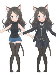 Rule 34 | 1girl, :d, absurdres, aina (mao lian), animal ear fluff, animal ears, black jacket, black shirt, black skirt, blue eyes, blue skirt, bow, bowtie, breasts, brown hair, brown thighhighs, cat ears, cat tail, denim, denim skirt, gluteal fold, highres, jacket, knees together feet apart, long hair, looking at viewer, mao lian (nekokao), miniskirt, multiple views, open clothes, open jacket, open mouth, original, outstretched arms, pleated skirt, shirt, skirt, sleeveless, sleeveless shirt, small breasts, smile, spread arms, tail, thigh gap, thighhighs, white background, white bow, white neckwear, zettai ryouiki