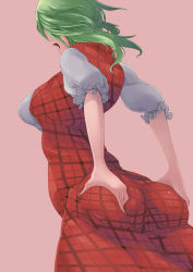 Rule 34 | 1girl, ass, back, breasts, female focus, from behind, green hair, hand on ass, highres, kazami yuuka, looking back, okoko1986, simple background, solo, touhou