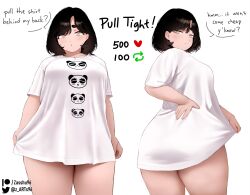 Rule 34 | 1girl, black hair, breasts, clothes pull, commentary, english commentary, english text, from behind, highres, large breasts, light brown eyes, like and retweet, looking at viewer, multiple views, naked shirt, original, patreon username, plump, shirt, shirt pull, short eyebrows, short hair, speech bubble, standing, t-shirt, thick thighs, thighs, twitter strip game (meme), twitter username, white background, white shirt, zasshu