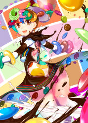 Rule 34 | 1girl, :d, bangle, bracelet, brown dress, brown eyes, brown hair, chocolate, commentary request, convenient censoring, dress, food-themed clothes, highres, jewelry, marble chocolate, mikazuki akira!, multicolored hair, multicolored polka dots, multicolored stripes, open mouth, original, personification, polka dot, smile, solo, striped, thighhighs, valentine