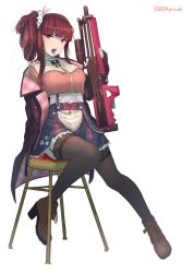 Rule 34 | 1girl, absurdres, alternate costume, alternate hairstyle, artist name, bad id, bad twitter id, bench, blouse, bsapricot, bullpup, candy, food, food in mouth, girls&#039; frontline, gun, hair ribbon, highres, lollipop, purple hair, ribbon, rifle, shirt, sniper rifle, solo, thigh strap, thighhighs, wa2000 (girls&#039; frontline), walther, walther wa 2000, weapon
