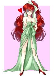 Rule 34 | 1990s (style), 1girl, alternate costume, artist request, bare legs, big hair, breasts, cleavage, dress, female focus, full body, green dress, high ponytail, highres, index finger raised, jewelry, large breasts, long hair, looking at viewer, official alternate costume, one eye closed, ponytail, ranma-chan, ranma 1/2, red hair, retro artstyle, seductive smile, smile, solo, standing, very long hair, wink