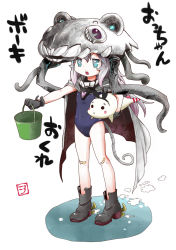 Rule 34 | 10s, 2girls, abyssal ship, animalization, bandaid, bandaid on knee, bandaid on leg, blonde hair, blue eyes, bucket, chestnut mouth, gloves, hair ornament, highres, ikusotsu, kantai collection, long hair, monster, multiple girls, one-piece swimsuit, pale skin, personification, school swimsuit, seal (animal), shimakaze (kancolle), shimakaze (seal), silver hair, swimsuit, symbol-shaped pupils, translated, trick or treat, wo-class aircraft carrier