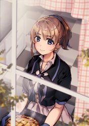 Rule 34 | 1girl, black shirt, blue eyes, blue neckerchief, checkered floor, commentary request, curtains, food, intrepid (kancolle), kantai collection, looking at viewer, miruku ame (mirucandy), neckerchief, oven mitts, pie, ponytail, shirt, short hair, smile, solo, twitter username, united states, upper body, whisk, window
