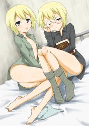Rule 34 | blonde hair, blue eyes, blush, erica hartmann, flat chest, glasses, short hair, siblings, sisters, strike witches, ursula hartmann, world witches series
