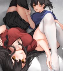Rule 34 | 2girls, adapted costume, akagi (kancolle), alternate color, black skirt, black thighhighs, blue shirt, breasts, brown eyes, cleavage, collarbone, commentary request, eyebrows, fukuroumori, hair between eyes, hakama, hakama short skirt, hakama skirt, highres, holding another&#039;s foot, japanese clothes, kaga (kancolle), kantai collection, large breasts, long hair, looking at viewer, lying, multiple girls, on back, on bed, pleated skirt, red shirt, shirt, short hair, side ponytail, skirt, smile, thighhighs, thighhighs pull, upside-down, white thighhighs, yellow eyes