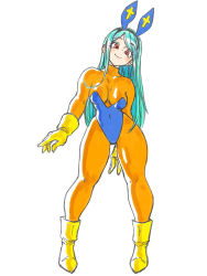 Rule 34 | 1girl, absurdres, adapted costume, animal ears, aqua hair, blue leotard, bodysuit, boots, breasts, covered navel, cross, cross print, dragon quest, dragon quest iii, fake animal ears, full body, gloves, hairband, highres, leotard, long hair, looking at viewer, medium breasts, orange bodysuit, playboy bunny, priest (dq3), rabbit ears, red eyes, simple background, smile, solo, standing, strapless, strapless leotard, toshinoshin, white background, yellow footwear, yellow gloves