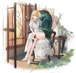 Rule 34 | 1girl, artist request, azur lane, blonde hair, blue eyes, breasts, chair, china dress, chinese clothes, cleavage, cleavage cutout, clothing cutout, crane print, crossed legs, dress, earrings, floral print, flower pot, full body, gloves, hair bun, hair ornament, high heels, highres, indoors, jewelry, long hair, looking at viewer, official art, parted lips, pillow, plant, renown (azur lane), renown (graceful royal pride) (azur lane), see-through, short sleeves, sitting, solo, table, thighs