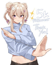 Rule 34 | 1girl, absurdres, blonde hair, blue sweater, blush, bow, braid, commentary, crop top, double bun, groin, hair bow, hair bun, hair ornament, hairclip, highres, looking at viewer, midriff, milestone celebration, original, pinepin, purple bow, purple eyes, rabbit hair ornament, rara (pinepin), simple background, smile, solo, sparkle, sweater, twin braids, twintails, upper body, white background