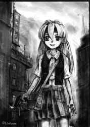 Rule 34 | 1girl, :d, arms at sides, bag, building, city, collared shirt, cowboy shot, grey theme, greyscale, gun, hair between eyes, handbag, handgun, limfoman, long hair, looking at viewer, monochrome, open clothes, open mouth, open vest, original, outdoors, over shoulder, pistol, pleated skirt, self-upload, shirt, short sleeves, sketch, skirt, smile, solo, standing, very long hair, vest, weapon