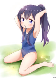 Rule 34 | 1girl, absurdres, adjusting hair, armpits, arms up, barefoot, black hair, blue eyes, blue one-piece swimsuit, blush, feet, full body, hair tie, hair tie in mouth, highres, legs, long hair, mouth hold, one-piece swimsuit, painter-lhb, ponytail, school swimsuit, shirosaki hana, sitting, solo, swimsuit, thighs, toes, tying hair, watashi ni tenshi ga maiorita!
