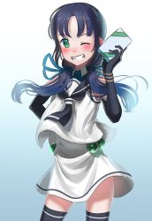 Rule 34 | 10s, 1girl, ao iro, black gloves, black neckerchief, black sailor collar, black thighhighs, blue hair, cowboy shot, elbow gloves, gift, gloves, gradient background, green eyes, grin, highres, kantai collection, long hair, looking at viewer, low twintails, neckerchief, one eye closed, sailor collar, school uniform, serafuku, skirt, sleeveless, smile, solo, suzukaze (kancolle), thighhighs, twintails, white skirt