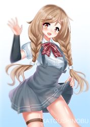 Rule 34 | 1girl, blush, bow, bowtie, braid, brown eyes, clothes lift, gradient background, highres, kantai collection, katou shinobu, kneehighs, lifting own clothes, light brown hair, long hair, looking at viewer, minegumo (kancolle), open mouth, plaid, plaid bow, plaid bowtie, plaid neckwear, pleated skirt, red bow, red bowtie, shirt, short sleeves, skirt, skirt lift, socks, solo, suspender skirt, suspenders, twin braids, white shirt