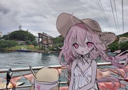Rule 34 | 1girl, ahoge, bad id, bad pixiv id, bare legs, bare shoulders, blush, boat, brown headwear, cloud, cloudy sky, cup, disposable cup, dress, floating hair, food, hat, ice cream, long hair, low twintails, original, outdoors, photo background, pink hair, power lines, purple eyes, shiodome oji, sky, sleeveless, sleeveless dress, solo focus, sun hat, translation request, twintails, upper body, very long hair, water, watercraft, white dress, wind
