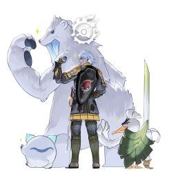 1boy 2020 bad_tag beak beartic blue_hair creatures_(company) crossover elezen elf final_fantasy final_fantasy_xiv galarian_darumaka galarian_form game_freak gen_5_pokemon gen_8_pokemon haurchefant_greystone highres holding holding_poke_ball holding_sword holding_weapon light_blue_hair matching_pose nintendo pointy_ears poke_ball pokemon pokemon_(creature) potion_lilac shield sirfetch&#039;d size_difference smile sparkle sword weapon