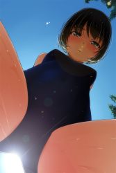 Rule 34 | 1girl, arms behind back, bare shoulders, between legs, black hair, blue one-piece swimsuit, blue sky, blurry, blush, bob cut, bokeh, breasts, clear sky, cloud, depth of field, from below, grey eyes, hair strand, highres, lens flare, looking at viewer, looking down, matsunaga kouyou, nose blush, one-piece swimsuit, original, parted lips, school swimsuit, short hair, sky, small breasts, solo, spread legs, sun, swimsuit, tan, tanline, tree, water drop, wet