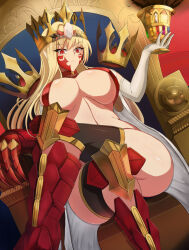 Rule 34 | 1girl, aboski, absurdres, aged down, ass, blonde hair, breasts, breasts apart, chalice, claws, crossed legs, crown, cup, dragon girl, dutch angle, eyelashes, fate (series), female focus, floating crown, from below, highres, holding, holding chalice, huge ass, impossible clothes, large breasts, legs, linea alba, lips, long hair, nero claudius (fate), nero claudius (fate) (all), queen draco (fate), red claws, red eyes, shiny skin, sitting, slit pupils, solo, thick thighs, thighhighs, thighs, throne, wide hips
