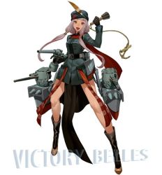 Rule 34 | blunt bangs, copyright name, full body, green hat, hat, head tilt, legs apart, official art, pocket, salmon88, simple background, solo, standing, tagme, velasco, victory belles, watermark, white background
