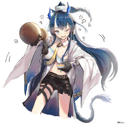 Rule 34 | 1girl, ;d, absurdres, alcohol, arknights, between breasts, black gloves, black shorts, blue eyes, blue hair, blush, braid, breasts, cleavage, coat, cropped legs, cup, detached collar, dragon girl, dragon horns, dragon tail, drink, drunk, earrings, elbow gloves, eyeshadow, gloves, gourd, highres, holding, holding cup, horns, jewelry, large breasts, ling (arknights), long hair, long sleeves, looking at viewer, makeup, motion lines, multicolored hair, navel, necktie, necktie between breasts, one eye closed, open clothes, open coat, open mouth, pointy ears, short shorts, shorts, simple background, smile, solo, squeans, strapless, streaked hair, tail, thigh strap, two-tone hair, vchan, very long hair, white background, white coat, white hair, wide sleeves, yellow necktie