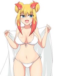 Rule 34 | 1girl, aqua eyes, bikini, blonde hair, blush, breasts, hair between eyes, hair ornament, hands up, inazuma eleven (game), inazuma eleven (series), inazuma eleven go, large breasts, multicolored hair, open mouth, red hair, shiny skin, simple background, solo, standing, swimsuit, towel, white background, white bikini