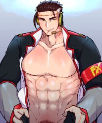 Rule 34 | 1boy, abs, armband, bara, big al, brown hair, headpiece, highres, jewelry, male focus, microphone, necklace, pectorals, vocaloid, yellow eyes