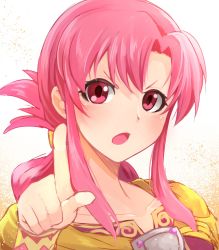 Rule 34 | 1girl, ethlyn (fire emblem), fire emblem, fire emblem: genealogy of the holy war, highres, long hair, nakabayashi zun, nintendo, open mouth, pink eyes, pink hair, pointing, sidelocks, simple background, solo, white background