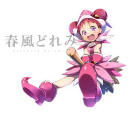 Rule 34 | 1girl, blush, boots, broom, broom riding, character name, full body, gloves, harukaze doremi, hat, magical girl, ojamajo doremi, open mouth, pink footwear, pink hat, red hair, skirt, smile, solo, white background, witch hat, yuuzii