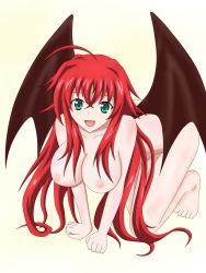 Rule 34 | 10s, 1girl, absurdres, ahoge, all fours, bad id, bad pixiv id, blue eyes, breasts, high school dxd, highres, kemickoko, large breasts, long hair, nipples, nude, open mouth, red hair, rias gremory, smile, solo, wings