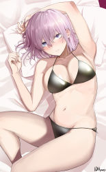 1girl absurdres arm_up armpits bare_shoulders bikini black_bikini blush breasts cleavage collarbone commentary fate/grand_order fate_(series) groin highres hyury large_breasts looking_at_viewer lying mash_kyrielight navel on_back pillow purple_eyes purple_hair short_hair side-tie_bikini_bottom sidelocks solo stomach swimsuit thighs