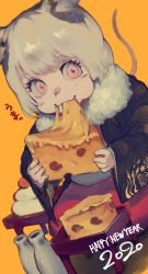 Rule 34 | 1girl, 2020, :t, absurdres, animal ears, bottle, cheese, chewing, commentary request, dated, eating, food, fur collar, grey hair, highres, holding, holding food, ibuo (ibukht1015), long sleeves, looking at viewer, mouse ears, mouse girl, mouse tail, new year, orange background, original, pink eyes, sake bottle, simple background, smile, solo, table, tail, wide sleeves